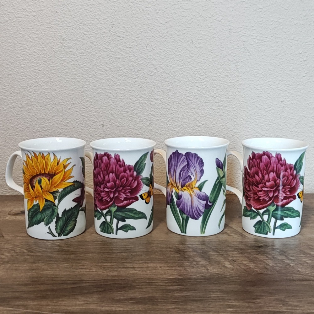Roy Kirkham Chelsea Mugs Set of 4 White Floral Butterfly Fine Bone China 2002